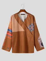 Mens Ethnic Print Color Block Long Sleeve T-Shirt SKUL02305 Nav Image 4