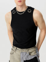 Mens Leisure Striped Round Neck Sleeveless Tank SKUK64017 Nav Image 1
