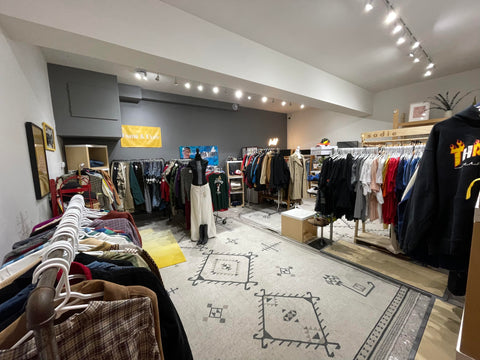 A wide shot of the Vaughan's Vintage Collective room, filled with vintage clothing