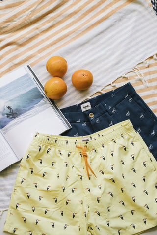 A pair of yellow Brava swim trunks on top of a pair of blue Brava shorts on an orange striped blanket with oranges and a book sitting above the shorts