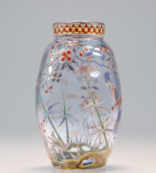 エミールガレの初期作品　花々と蝶々が描かれたエナメル花瓶