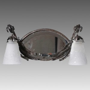 ミューラー兄弟　フランス製　ローロアイアン　鉄　フォージ（鋳造）鏡付き　ガラス　二灯用　突き出し燭台