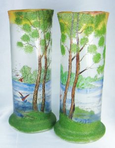 アンティーク　アールヌーボ　フランス製　まだら模様のカメオガラス　エナメル　湖の風景　花瓶