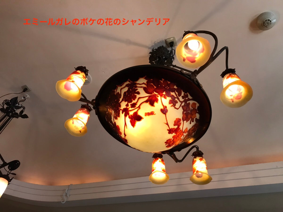 アールヌーボー期　照明・ランプ　エミールガレのボケの花のシャンデリ
