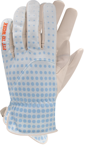 women's work glove - blue with leather palm and breathable cloth back