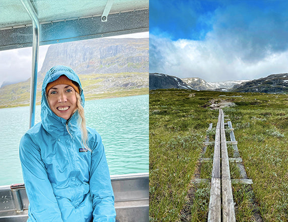 katie godec smiling on a boat headed through a lake in Swedish lapland