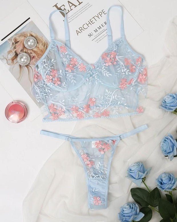 Floral Embroidary Sheer Mesh Lingerie Set - Xmadstore