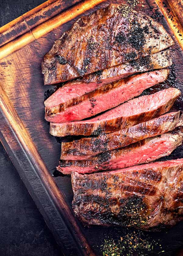 image of a cooked flat iron steak on a cutting board