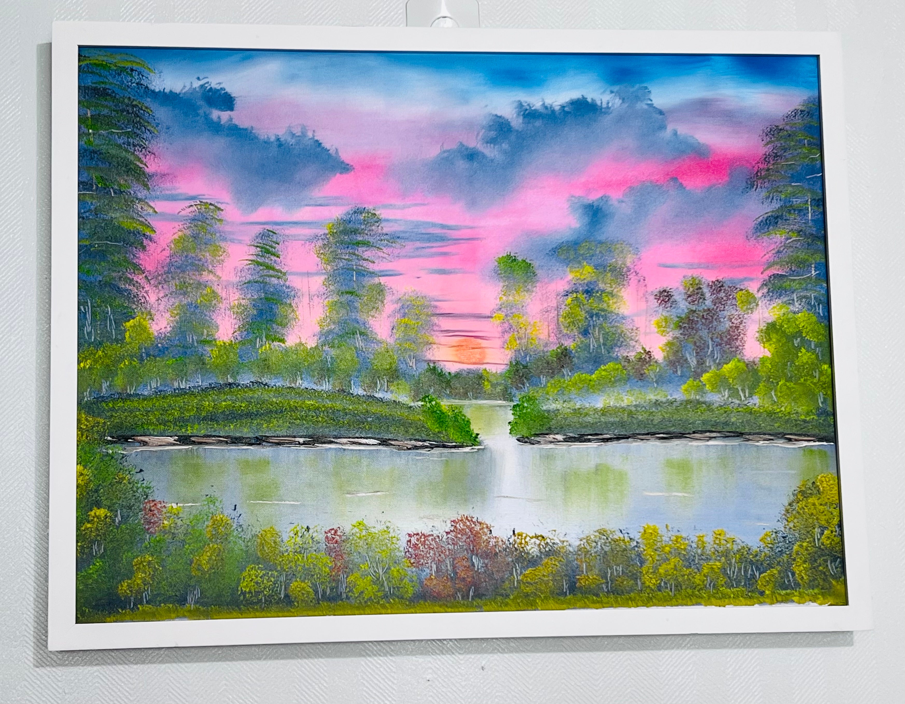 18x24 Inch Oil Painting | Lakeside Sunset Landscape with Reflections