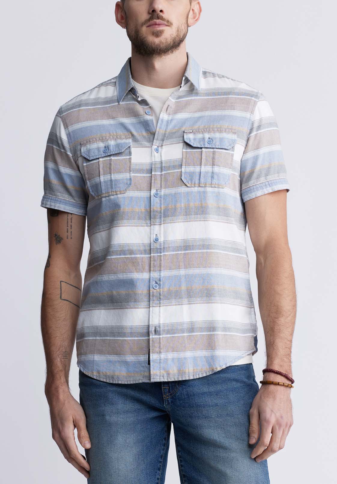 Sodhi Men's Short Sleeve Striped Shirt, Mirage Blue - BM24289