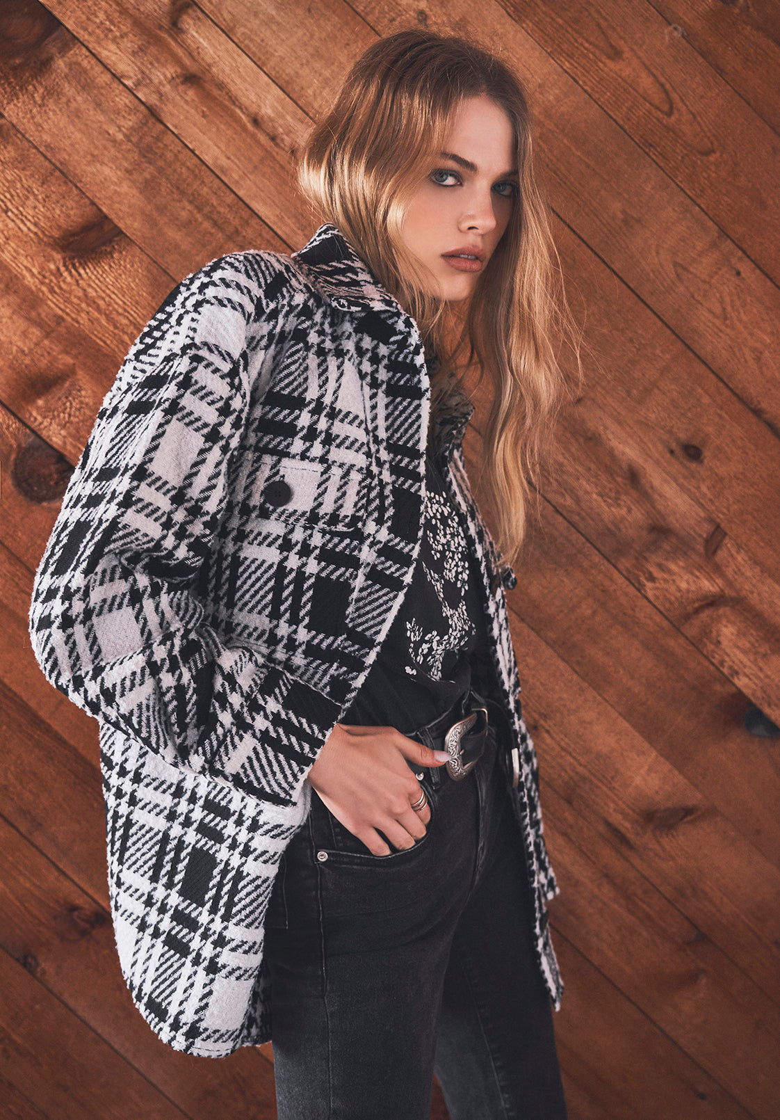 Liesel Women's Shacket in Black & White Glen Plaid - JK0011F