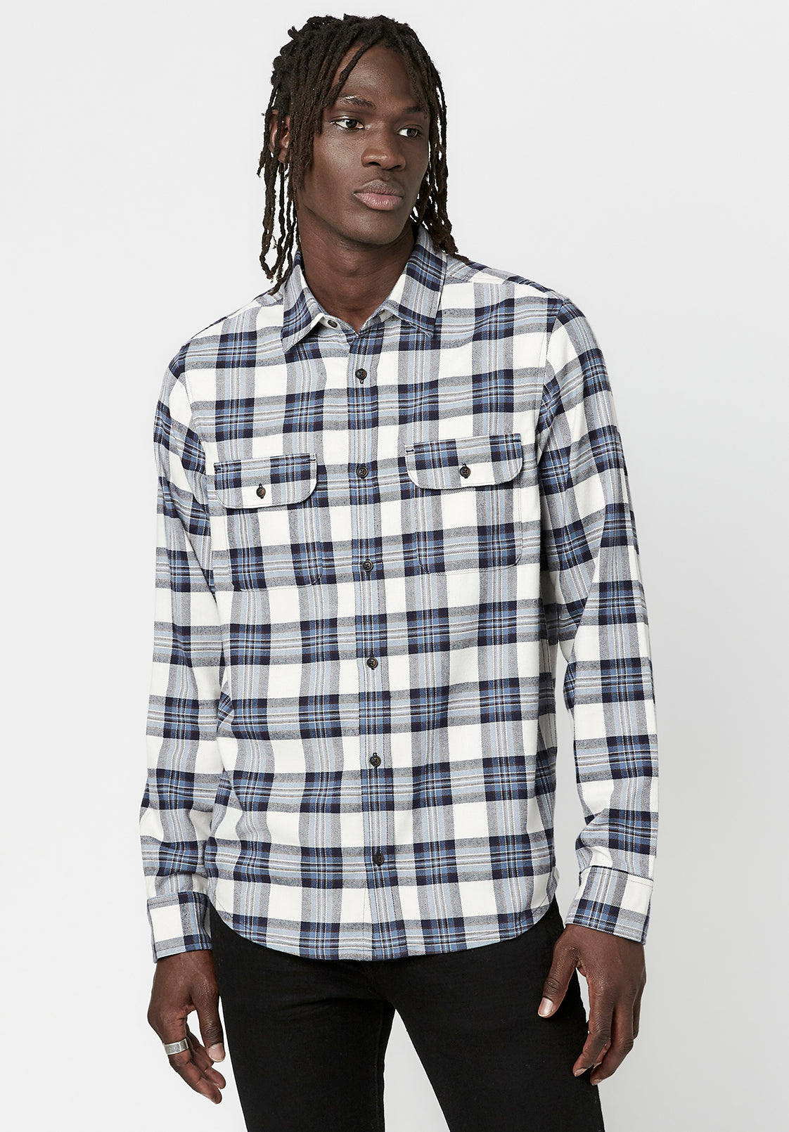 Solif Men's Long-Sleeve Twill Shirt in Blue White Plaid - BM23654