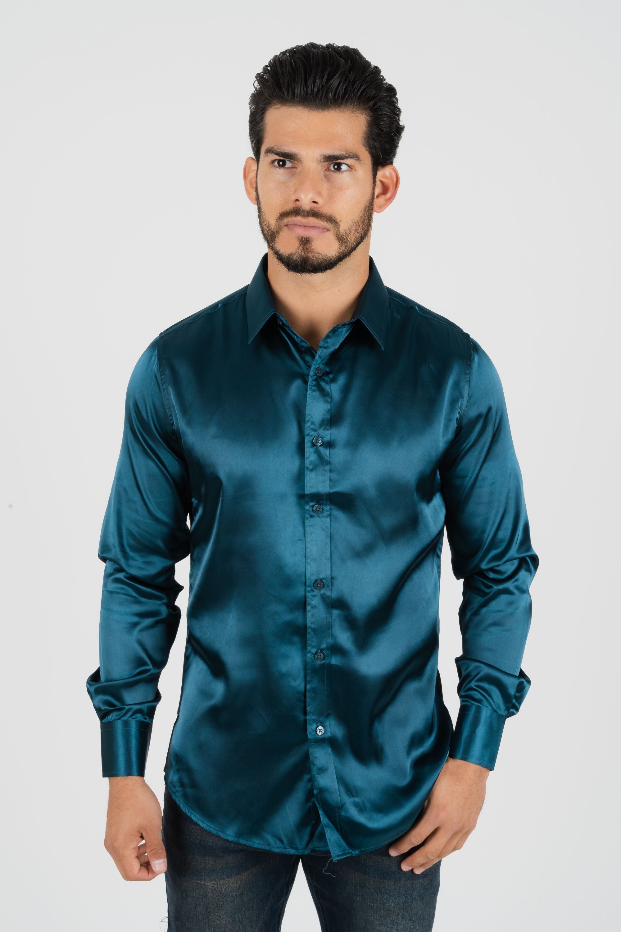 Men's Satin Teal Dress Shirt – Platini Fashion