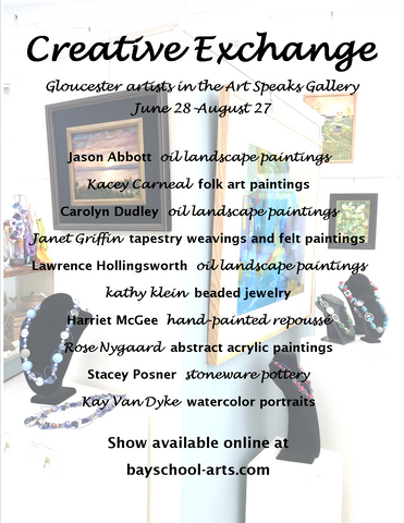 an image of the creative exchange artist booklet cover, featuring a picture of the art speaks gallery and a list of the gloucester artists