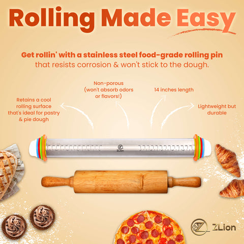 Adjustable Rolling Pin, Dough Roller, Silicone Rolling Pins with 4  Thickness Rings for Baking Dough, Pizza, Pie, Pastries, Pasta,  Cookies(Orange)