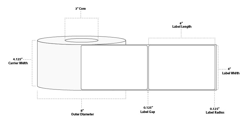 4" x 6" ThinTek Direct Thermal Paper Label; Perforated; 3" Core; 8" OD; 12 Rolls/carton (575 Labels/roll)