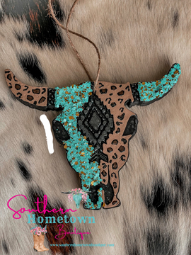 Cheetah bull skull freshie ( leather and lace)