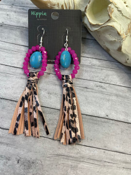 Hot pink& turquoise leopard leather fringe earrings