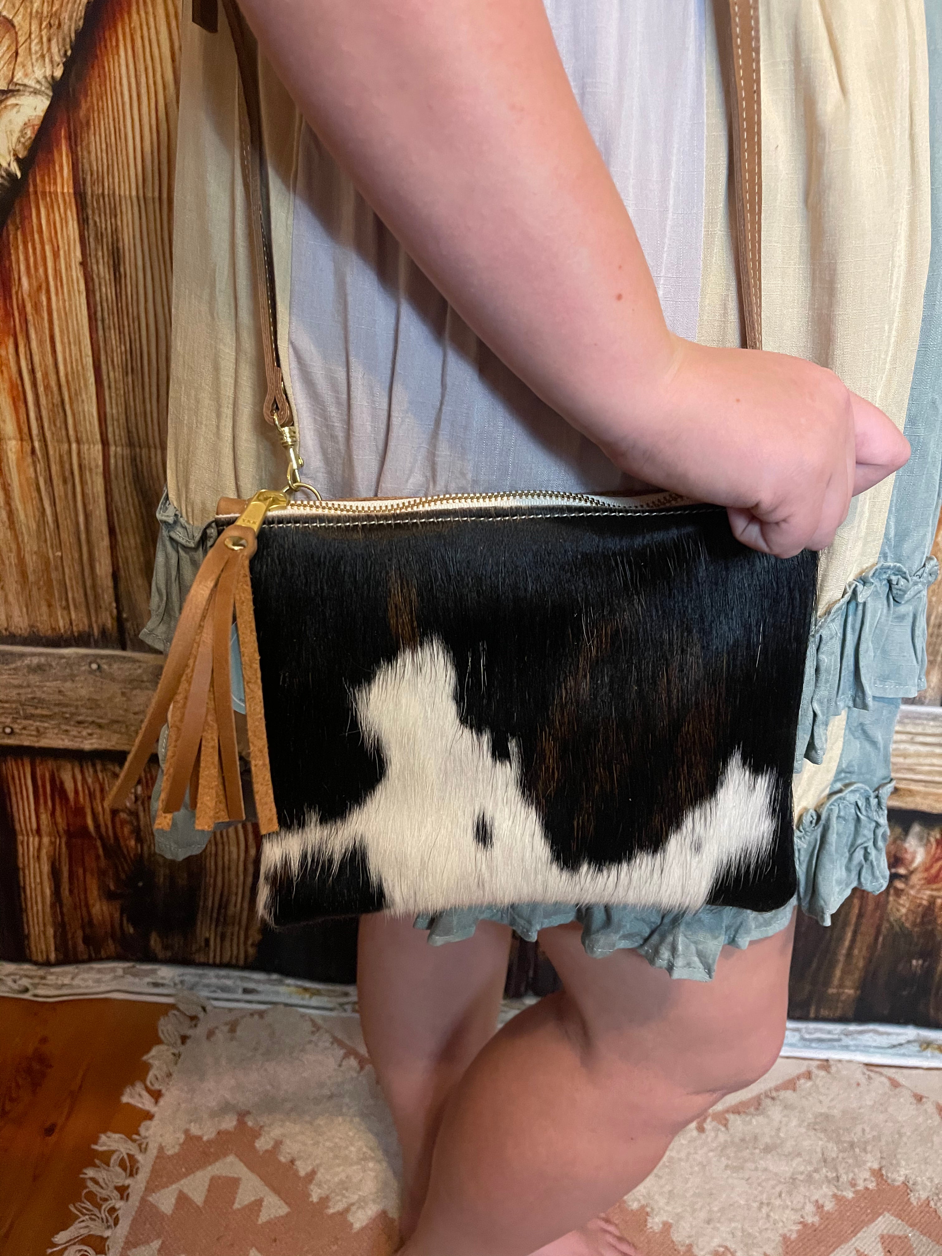 Caroline Crossbody | Brown+White Cowhide