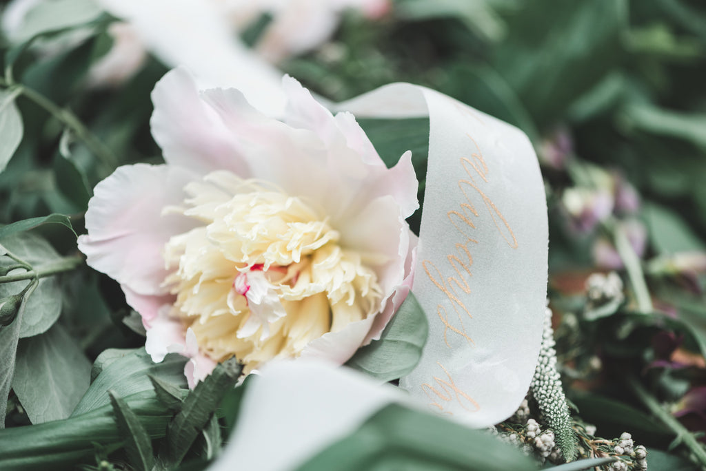 Greenery Aglow Styled Shoot | Silk Bouquet Ribbon Calligraphy | Tallulah Ketubahs