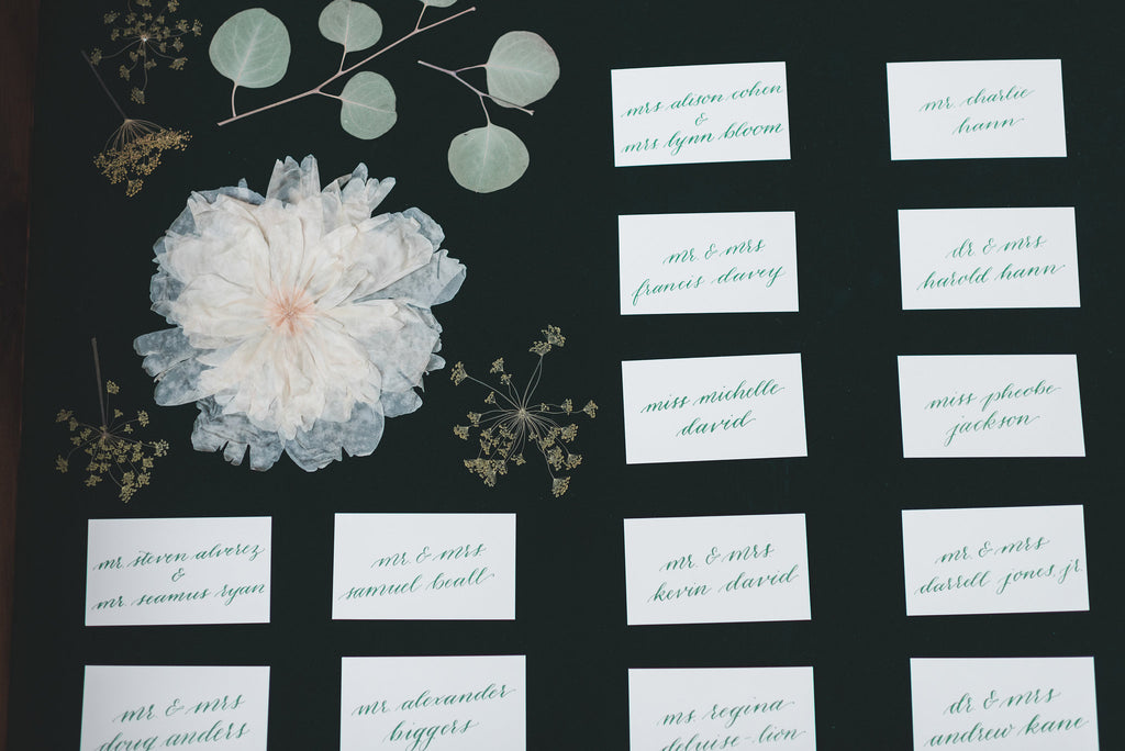 Greenery Aglow Styled Shoot | Calligraphy Place Cards and Pressed Flowers | Tallulah Ketubahs