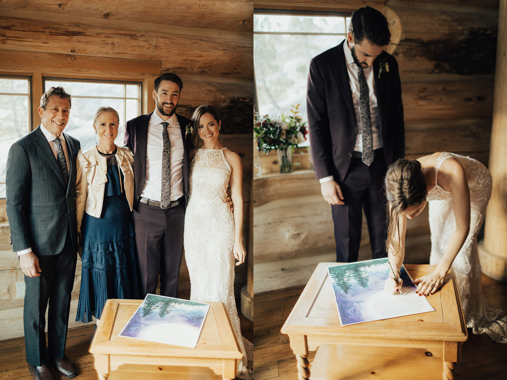 Kathleen & Carter's Rustic Autumnal Forrest Wedding in Kirkwood, California | Signing the Tall Trees in the Moonlight Ketubah | Tallulah Ketubahs