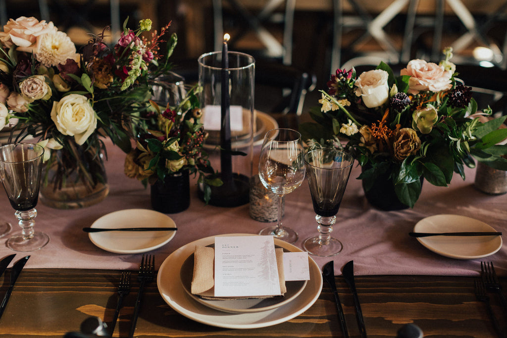 Kathleen & Carter's Rustic Autumnal Forrest Wedding in Kirkwood, California | Tablescape and Place Setting | Tallulah Ketubahs