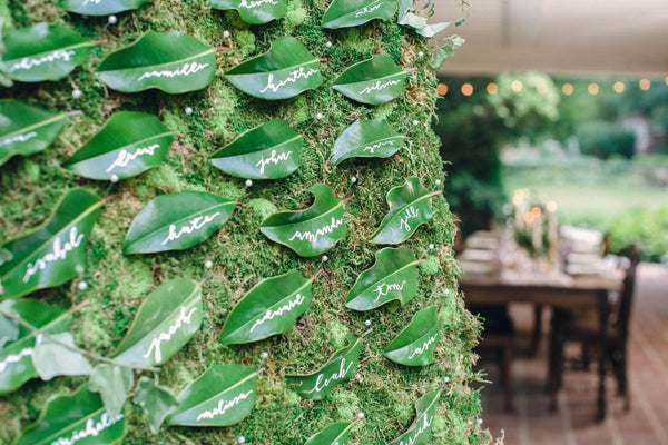 English Garden Party Styled Shoot at Bolingbroke Mansion | Calligraphy Magnolia Leaf Placecards | Tallulah Ketubahs