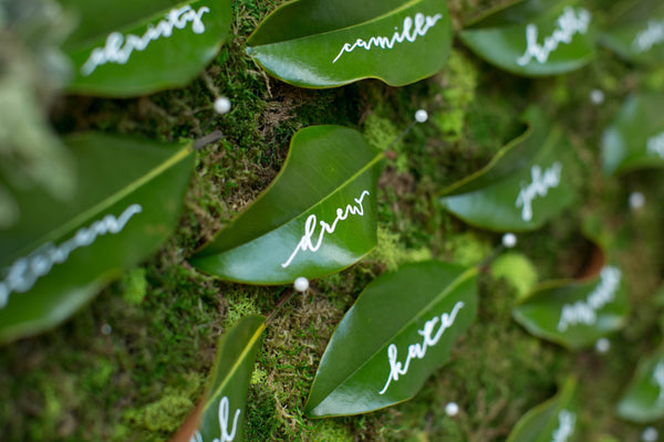 English Garden Party Styled Shoot at Bolingbroke Mansion | Calligraphy Magnolia Leaf Placecards | Tallulah Ketubahs