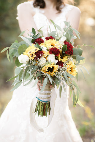 5 Looks to Inspire Your Sunflower Wedding Bouquets red and yellow sunflower bouquet