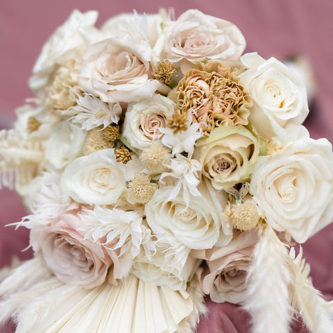 Barbiecore Wedding Inspiration vintage bohemian pink bridal bouquet with fresh and dried florals