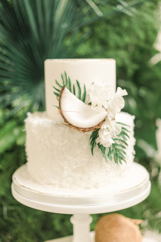 two tiered white cake with coconut and greenery in front of lush rich greenery