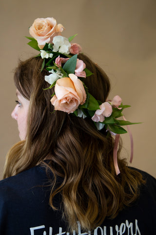 pink, white, and green flower crown complete