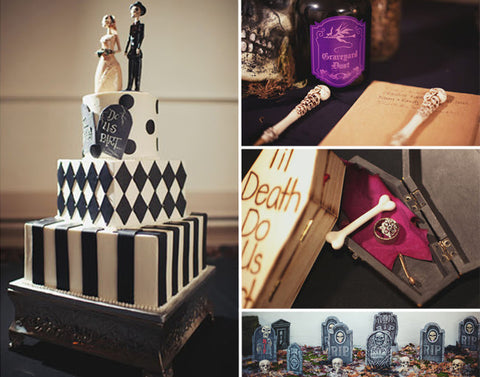 Halloween Wedding Ideas festive details like coffins, skulls pens, and a geometric cake