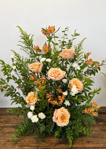 pink and green floral meadow arrangement