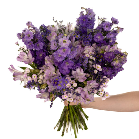 purple bouquet with purple asters and purple delphinium