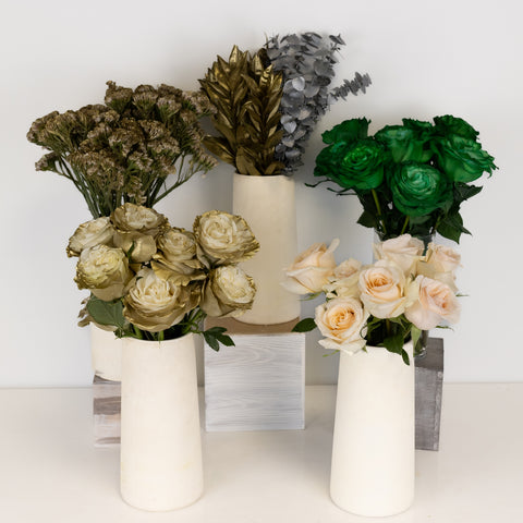 green, cream, and gold DIY flower kit in five vases