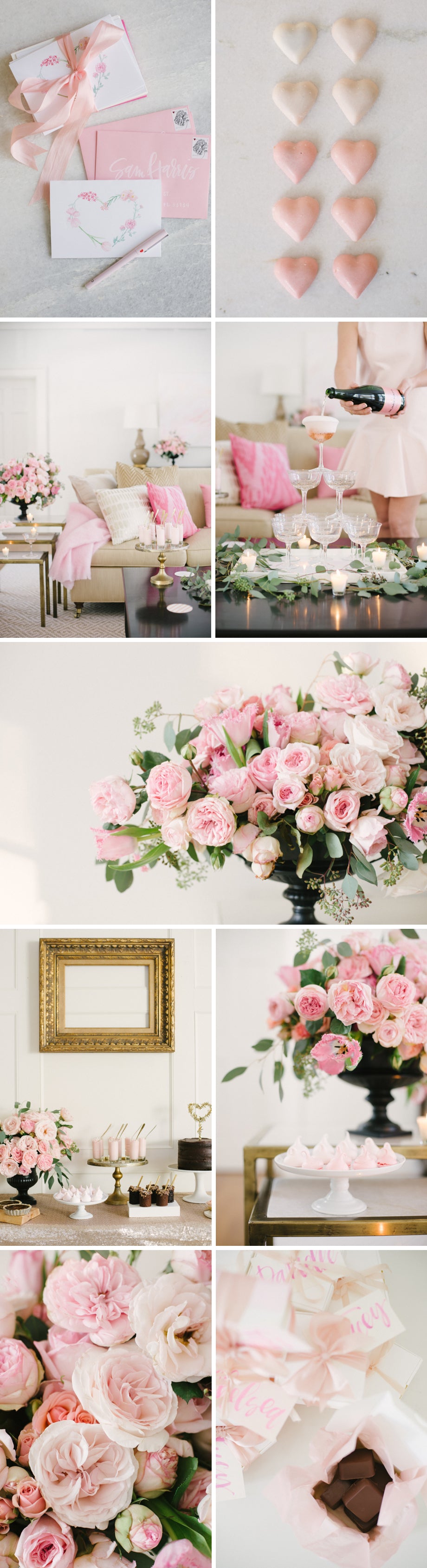 A collage of pink Valentine's Day party ideas including food, flowers, and decorations