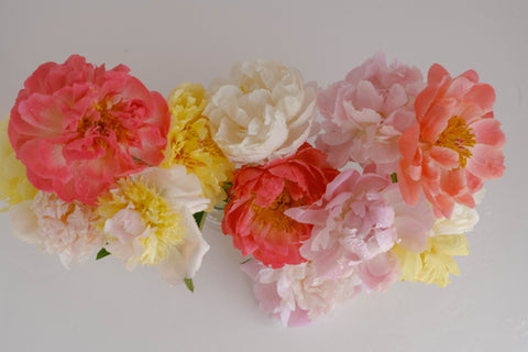 pink, yellow, and white peonies