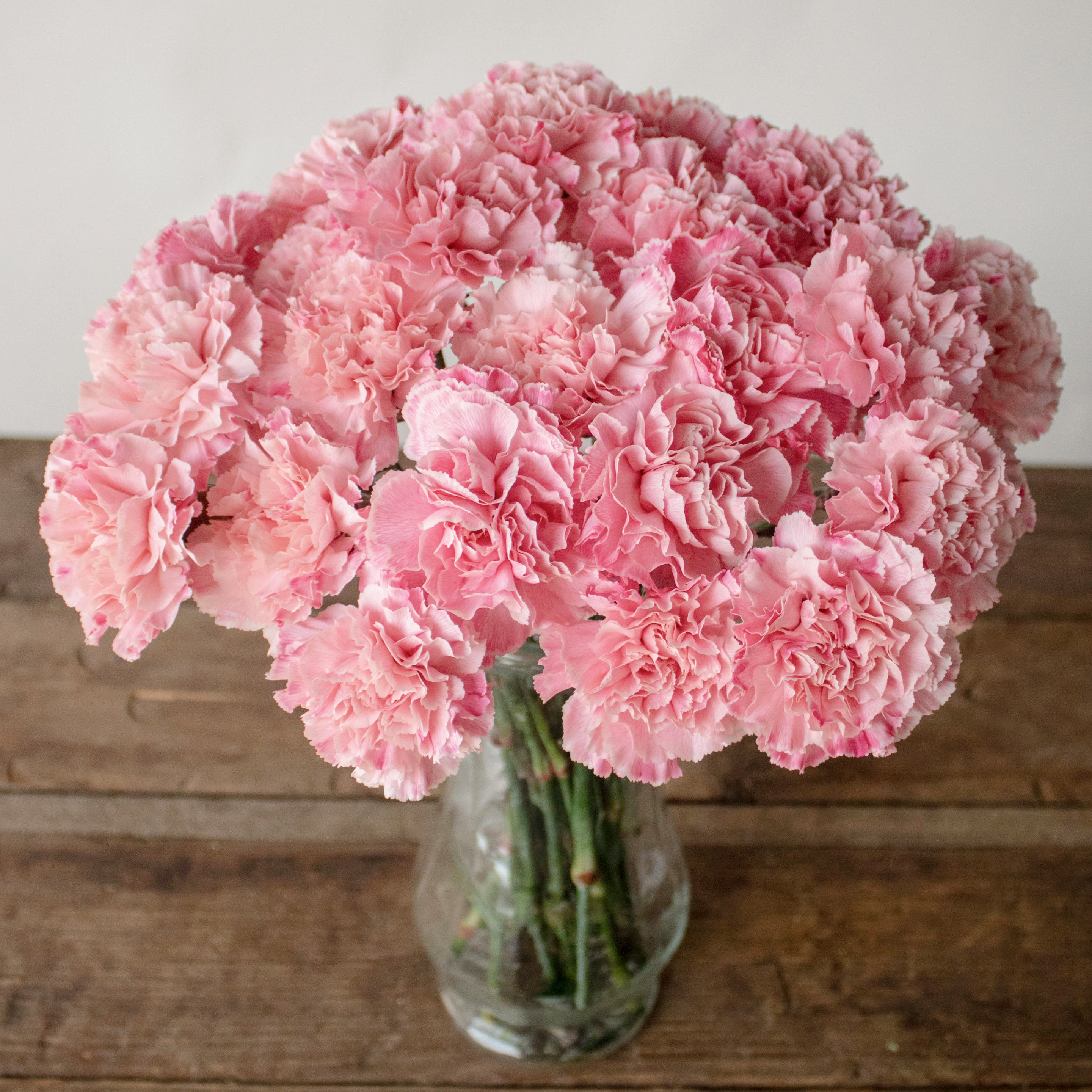 light pink carnation in a clear vase on a wooden table