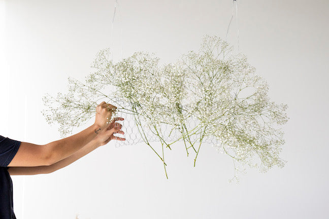 Hanging floral installation with babys breath.