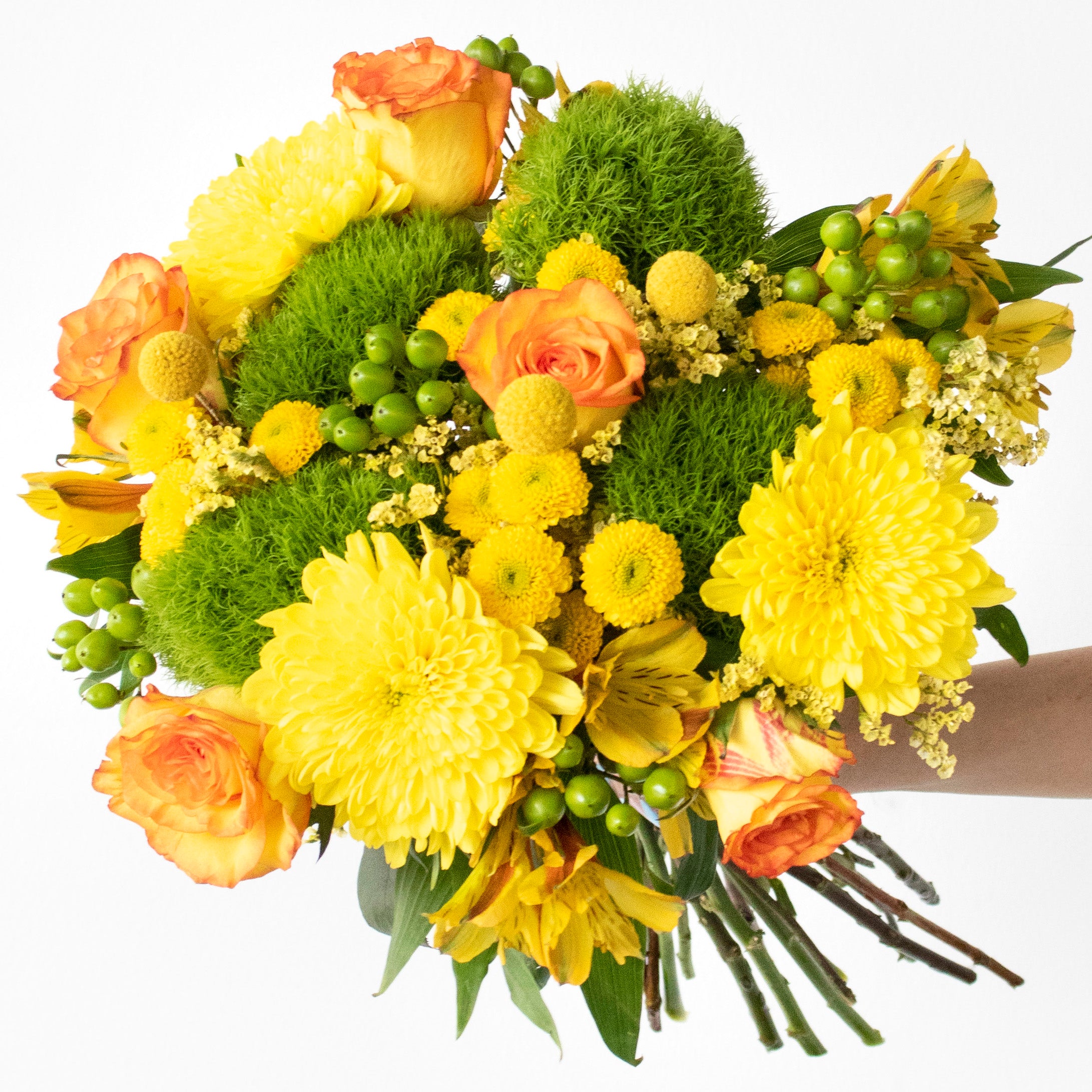 yellow, green, and orange flower bouquet