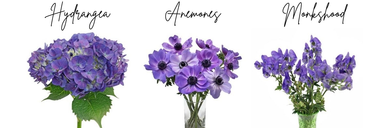 periwinkle hydrangeas, anemones, and monkshood in Pantone's Very Peri Color of the Year