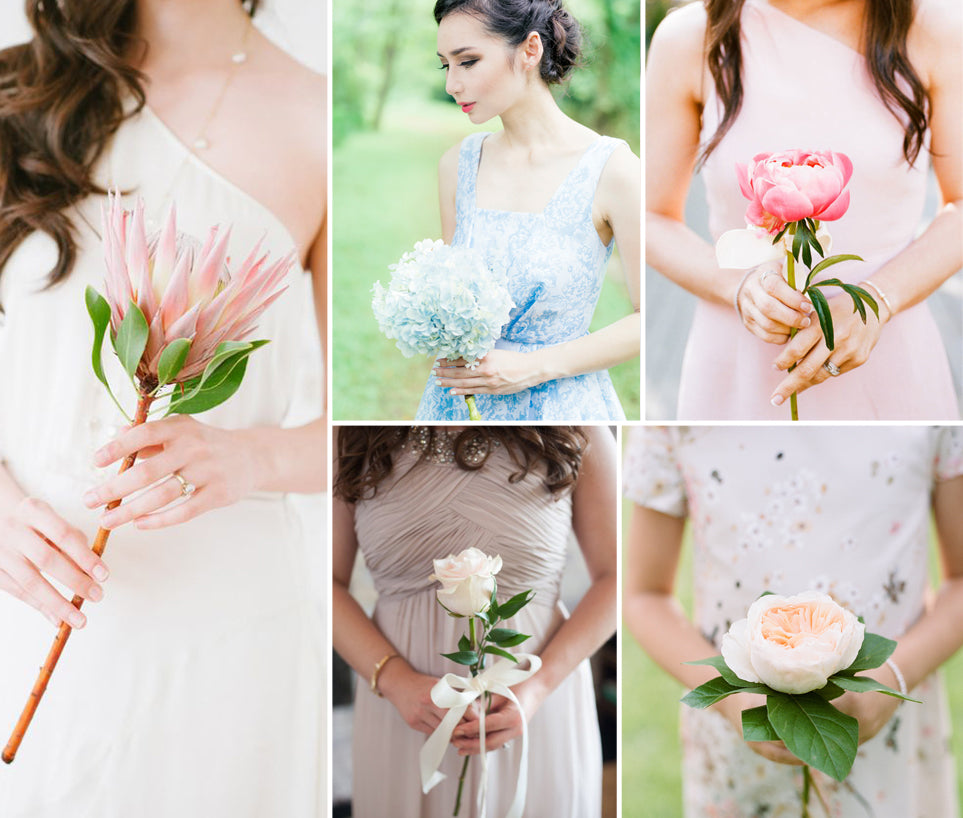 type of wedding bouquet with just one flower, a collage showing different examples