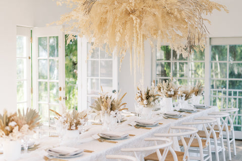 summer wedding dried flowers table centerpieces and hanging arrangement