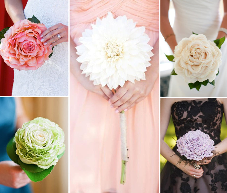 collage of composite wedding bouquets in pink, white, lavender, and more