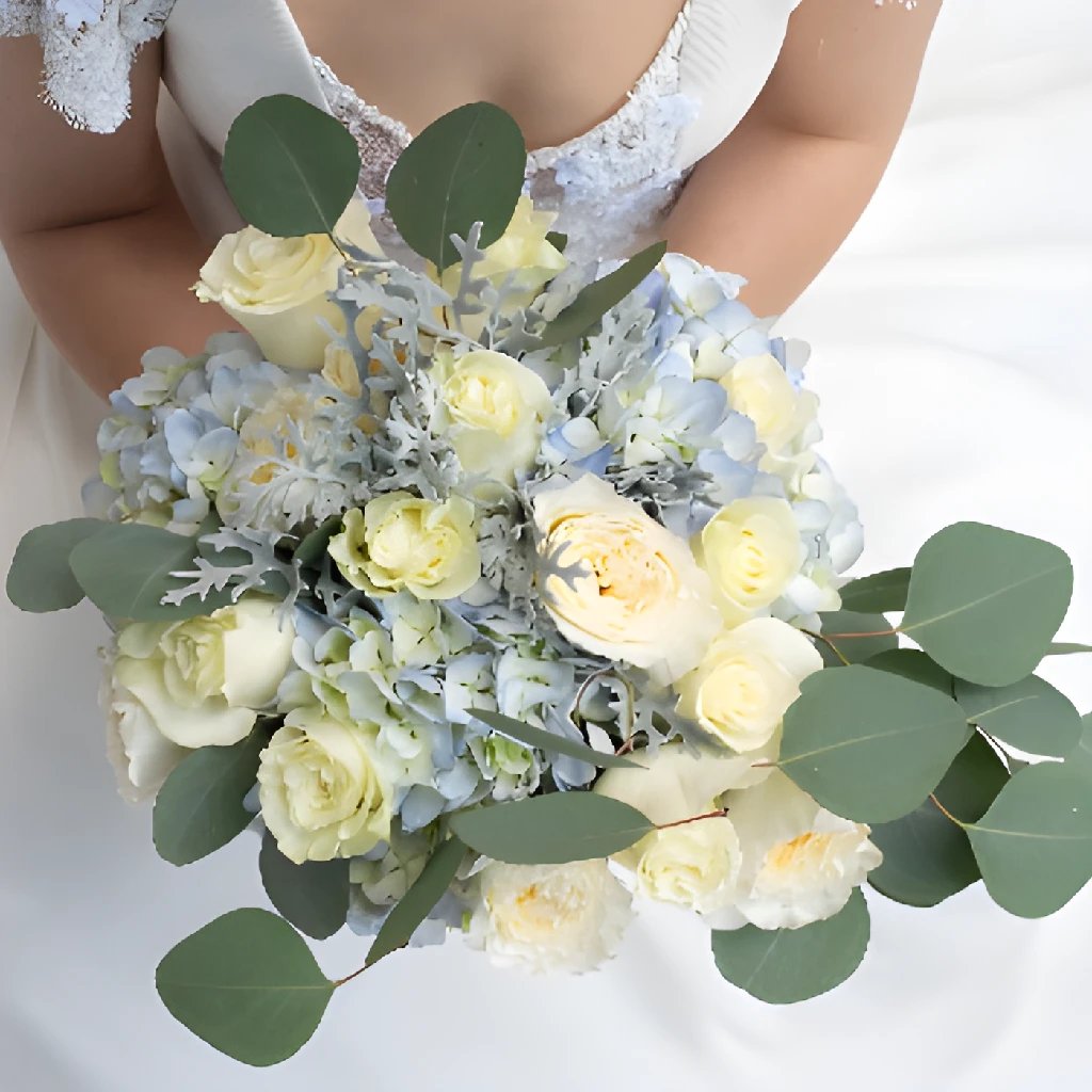 blue hydrangea and white rose boutonniere