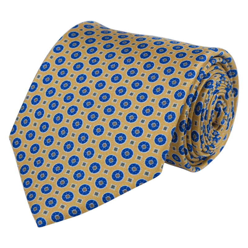Slips, gult med blåt mønster, silke