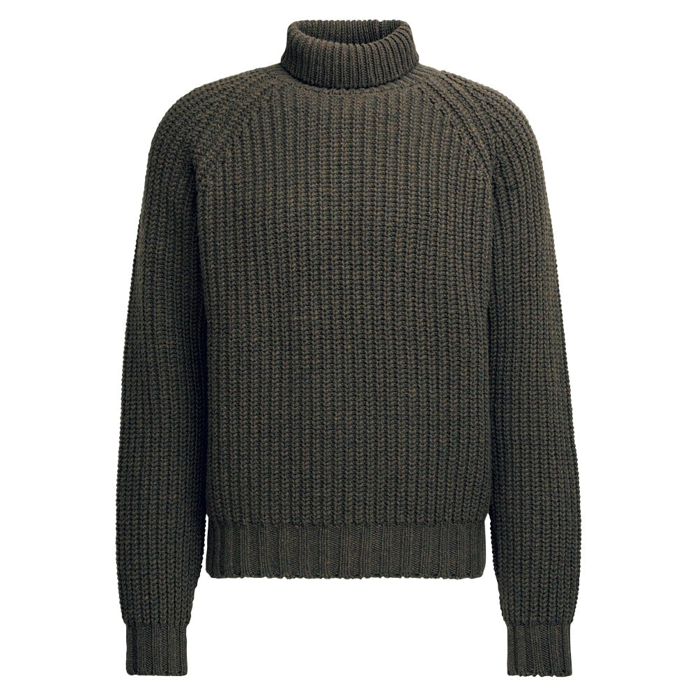 Billede af Franken & Cie Mens Rib Pattern Roll Neck Sweater, brungrøn lammeuld - 54 (XL)