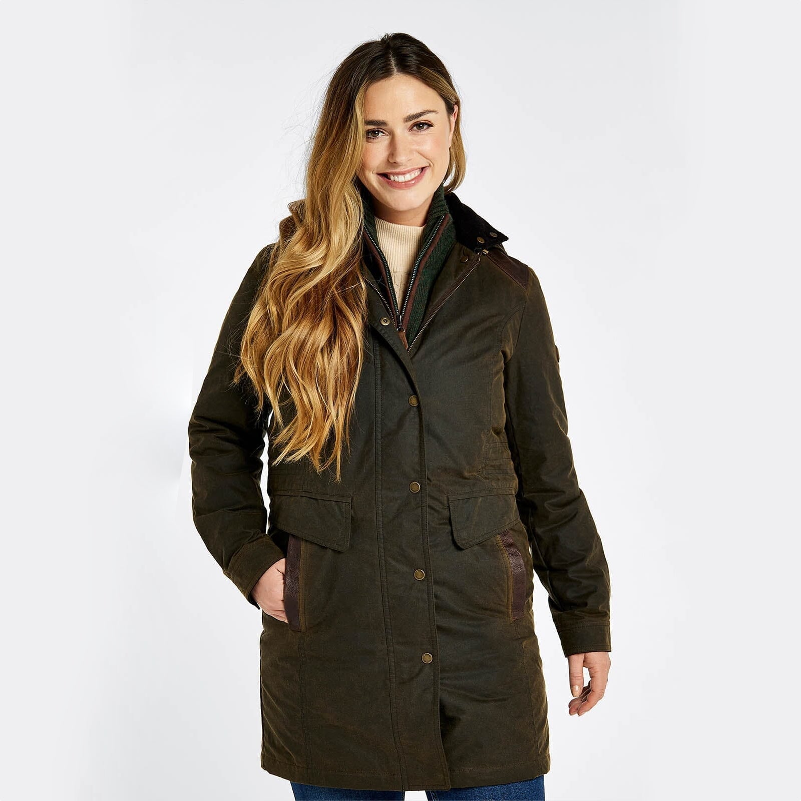 Se Blacklion Ladies LONG Waxed Jacket PRIMALOFT foret, Oliven - 38 (UK12) hos Godsejeren